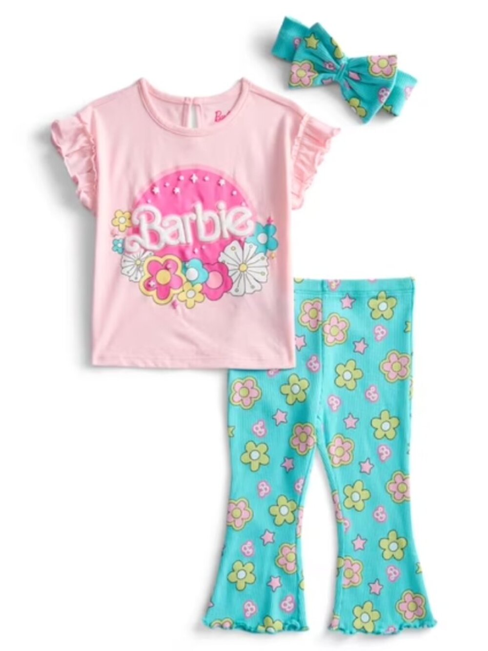 Barbie Baby Girls Ruffle Top and Flare Leggings with Bow Headband Set, 0-3M